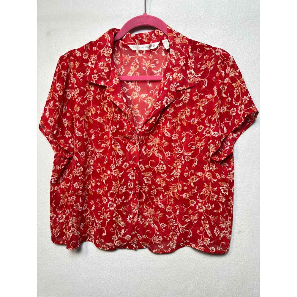 Victoria's Secret Womens Top Vintage 90s Floral Red M Short Sleeve Sheer Y2K